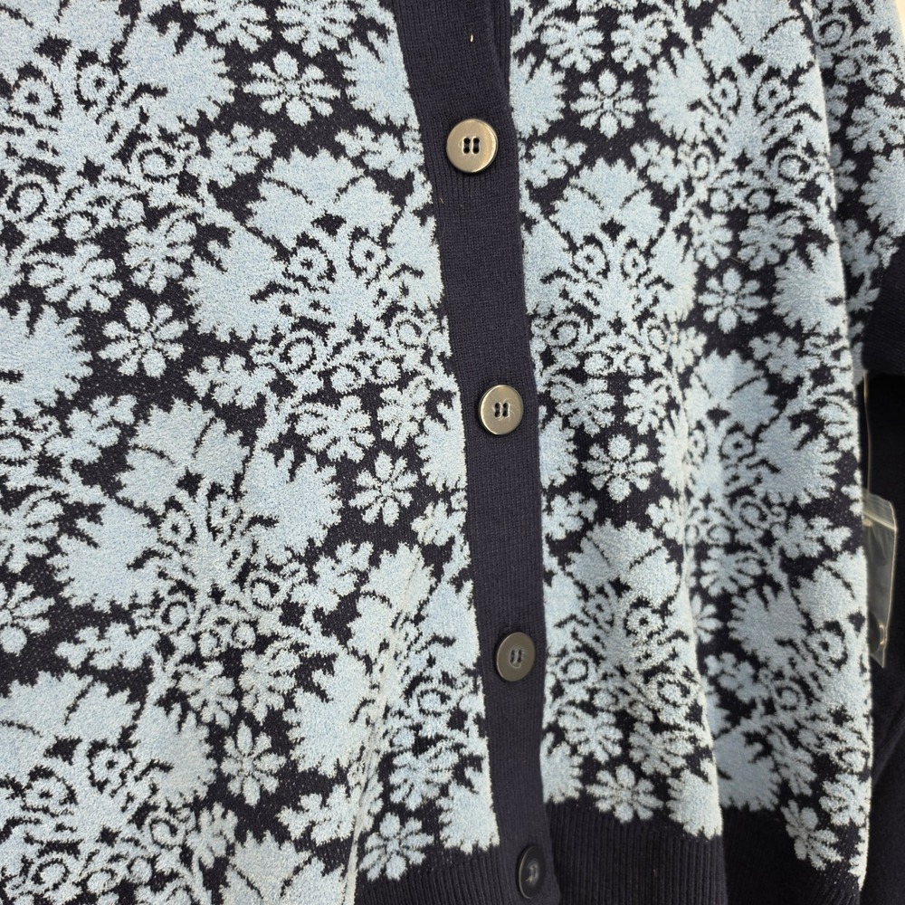 Nanette Lepore Cardigan Sweater Large Navy Blue Floral Damask Cottagecore - Picture 4 of 11